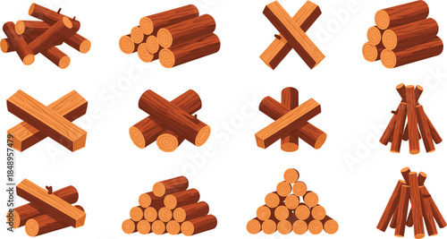 Collection of firewood log piles and timber stacks for campfire, wood material vector icons set for outdoor camping, heating fuel, forest industry