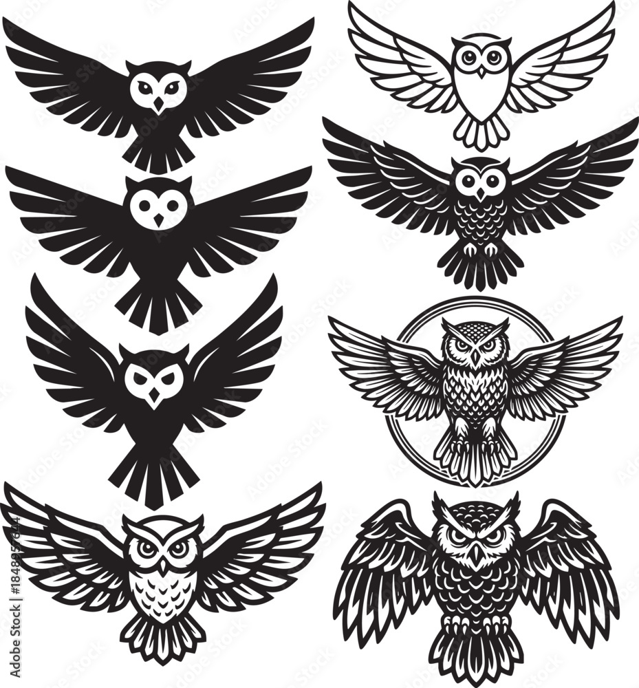 Obraz premium Flying Owl Logos and Emblems with Wings Spread Set