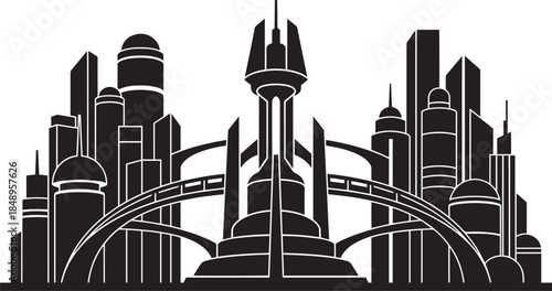 Advanced metropolis with tall towers connecting bridges futuristic central tower