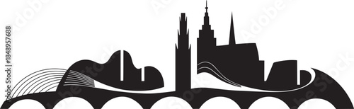 Cityscape silhouette with bridges buildings and unique wave like abstract structures