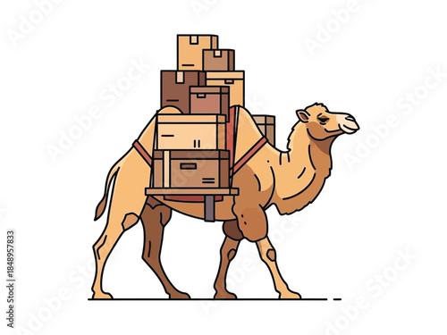 A camel loaded with many boxes and packages on its back, walking.