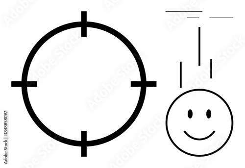 Target concept. A circular crosshair focus, precision, and aim, accompanied by a descending smiling face. Target utilized in marketing, goals, accuracy, ambition and focus concepts