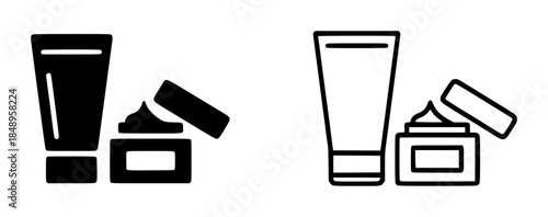 Black and white of skincare products with open caps tube cream