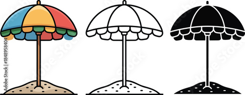 Beach umbrella silhouette & Outline and illustration set isolated on transparent background