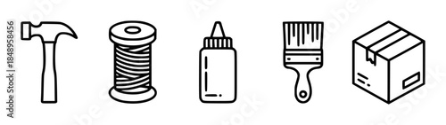 Black outline of hammer thread glue brush and box isolated white background
