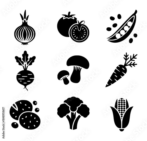 Black vegetable set isolated white background onion tomato