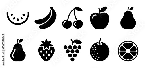 Fruit set with apple pear banana and berries isolated white