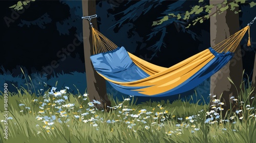 Hammock between trees in nature relaxing day dream illustration