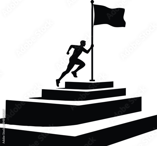 Runner Climbing Stairs with Flag Silhouette Success Motivation