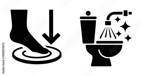 Foot stepping into puddle and toilet cleaning in black