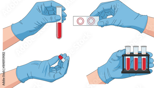 Medical hands in blue gloves holding blood test tube, pill capsule, and laboratory samples, vector illustration set for healthcare science research analysis.