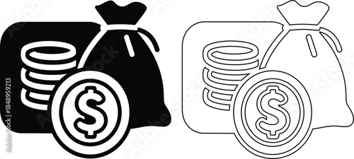 Stack of coins and money bag icon for financial concept
