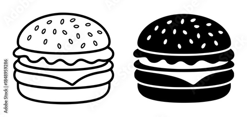 Hamburger in outline and filled styles isolated white background symbol food