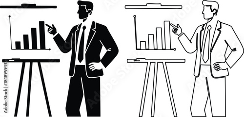 Businessman presenting bar chart on easel in professional setting