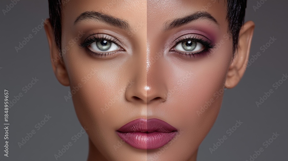 Fototapeta premium Woman's face split in two distinct makeup styles: natural on one side, dramatic on the other