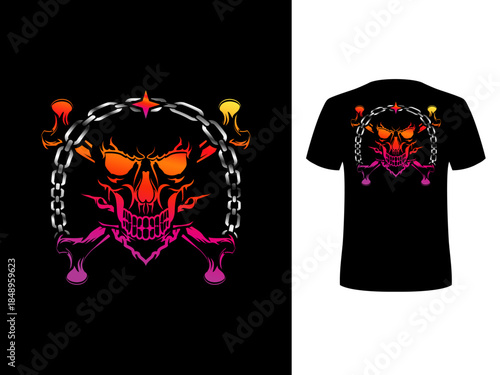 Skull with bones, chains, and star vector design for T-shirt, sticker and other. Skull vintage colorful illustrations