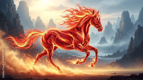 Majestic Red Fire Horse Running Fast On Dusty Ground With Mountains In Background