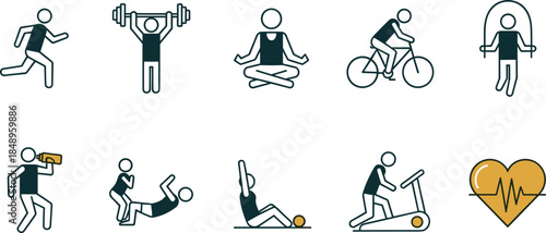 Fitness activity icons set showing running weightlifting yoga cycling skipping rope hydration stretching scooter exercise healthy lifestyle heart pulse illustration vector outline people symbols