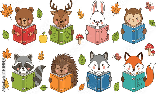 Cute cartoon woodland animals reading books illustration featuring forest animals, autumn leaves, education, learning, and storytelling theme