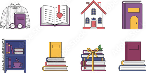 Cozy reading and home library elements with books, bookshelf, sweater, and house icons, education lifestyle illustration