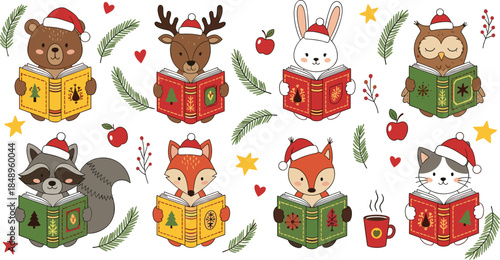 Cute Christmas animals reading books illustration with festive winter elements, holiday learning, cozy education, and joyful seasonal celebration theme