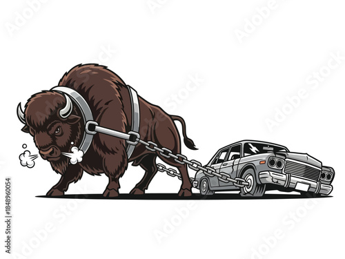 A powerful bison is harnessed with a thick chain, pulling a damaged car behind it.
