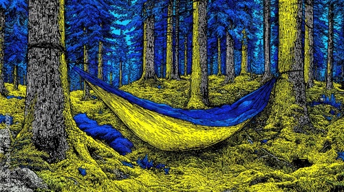 Forest scene featuring a hammock suspended between trees with blue and yellow colors