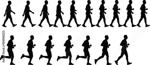 Human walking to running motion sequence silhouette set, male figure progression animation frames isolated on white background, fitness movement exercise gait cycle concept illustration