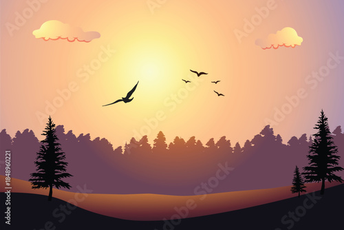 Minimalist mountain landscape at sunrise with birds flying over the forest silhouette background