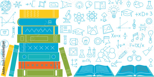 Education and science concept with stacked books, open textbooks, and hand drawn STEM icons illustration background