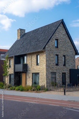 A contemporary building proudly lines a sunny street within a charming residential neighborhood, where clear blue skies are dotted with a few fluffy clouds