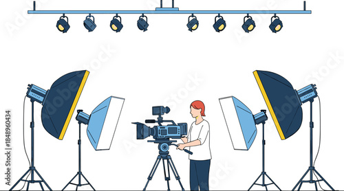 Professional video production studio vector illustration of camerawoman filming with camera on tripod, surrounded by softbox lights and overhead spotlights for broadcasting.