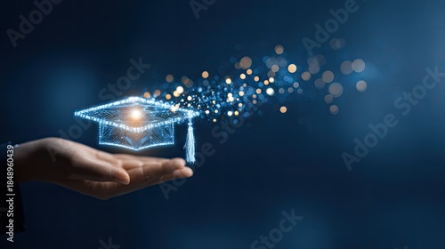 Digital graduation cap floating above hand illustrating education and knowledge