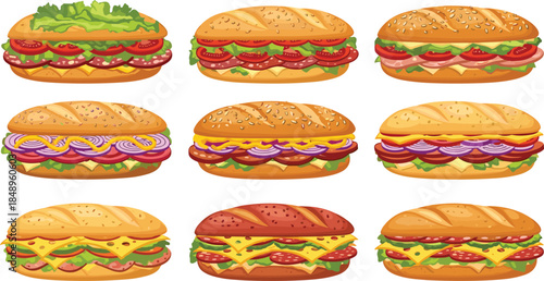 Sandwich, illustration, with, sub, bread, meat, cheese, lettuce, tomato, onion, grid, food, snack, lunch, vector, content, culinary, delicious, fresh, ingredient, variety, nutrition