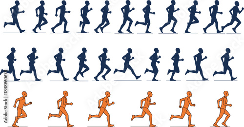 Running man silhouette sequence set, athletic motion phases illustration, jogging sprint animation frames, fitness training concept isolated on white background for sport design projects