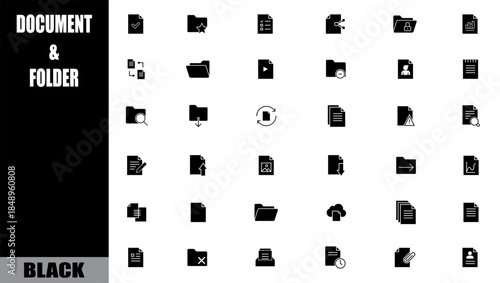 Black document and folder icon set for user interface design. file archive.