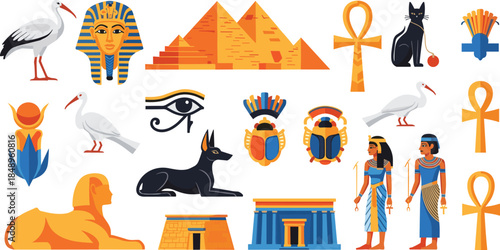 Set of Ancient Egyptian Symbols Vector Illustration, Pyramids, Sphinx, Ankh, Scarab Beetle, Pharaonic Mask and God Icons, Historical Culture and Travel Graphic Collection