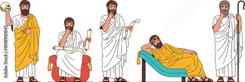 Set of Ancient Greek Philosophers Vector Illustration, Socrates, Plato, Aristotle Historical Figures, Toga Clothed Wise Men Pondering, Classic History and Education Graphic Collection