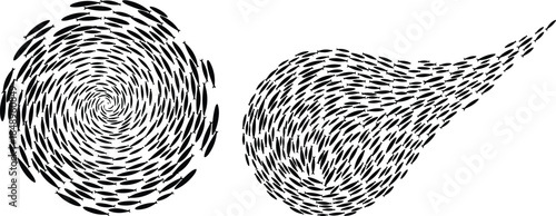 School of fish silhouette vector illustration set, swimming in spiral circle and flowing shape, isolated black marine life flock on white background.