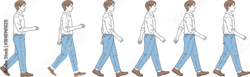 Walking man animation sequence illustration, male character step cycle, side view motion poses, cartoon style movement frames, modern flat design artwork