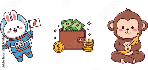 Cute cartoon illustration set with astronaut bunny, money wallet savings concept, and monkey eating banana flat vector design for kids and playful projects