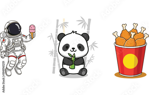 Cute cartoon illustration set with astronaut eating ice cream, panda holding bamboo, and fried chicken bucket flat vector design for kids and playful projects