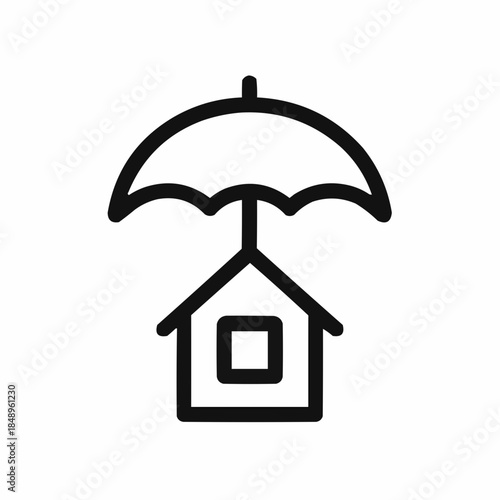 Line icon of a house with umbrella — financial protection, black on white, square minimalist style