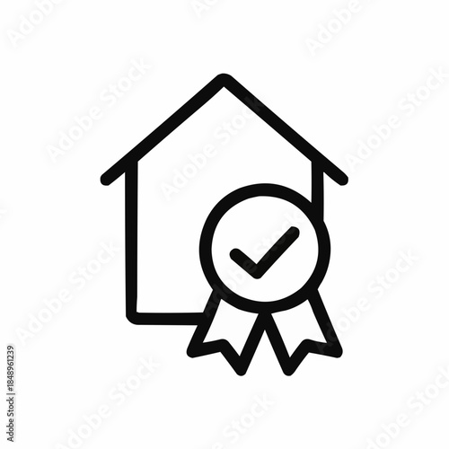 Line icon of a house with checkmark and ribbon — mortgage approval success, black on white, square minimalist style