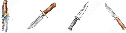 Artistic watercolor illustration set of a hunting knife clipart, isolated on white, with a sharp blade and wooden handle