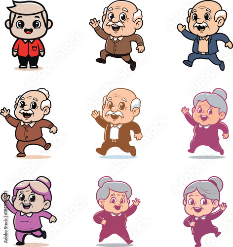 Collection of Cartoon Grandparents and a Young Boy Waving and Walking male