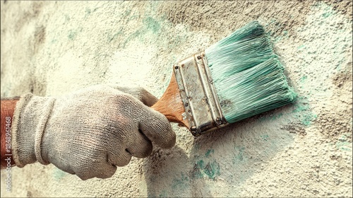 Applying turquoise paint with brush on textured wall surface close up