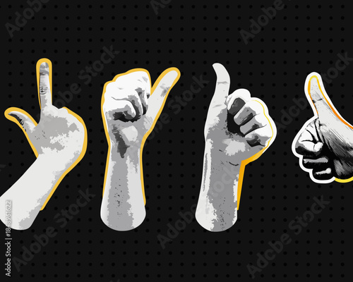 Multiple hands displaying different hand gestures on a dark textured background