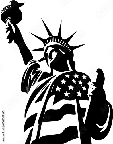 Dynamic black and white graphic illustration portraying a monumental figure with a guiding torch and star-and-stripe pattern, symbolizing freedom, national heritage, and enduring democratic ideals
