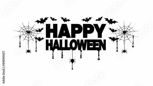 A spooky halloween design with bats spiderwebs and the word happy displayed
